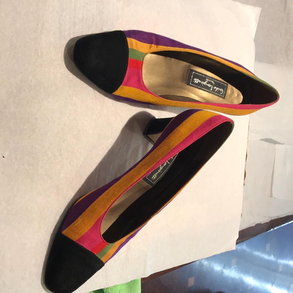 1 pr silk stripe/suade pumps